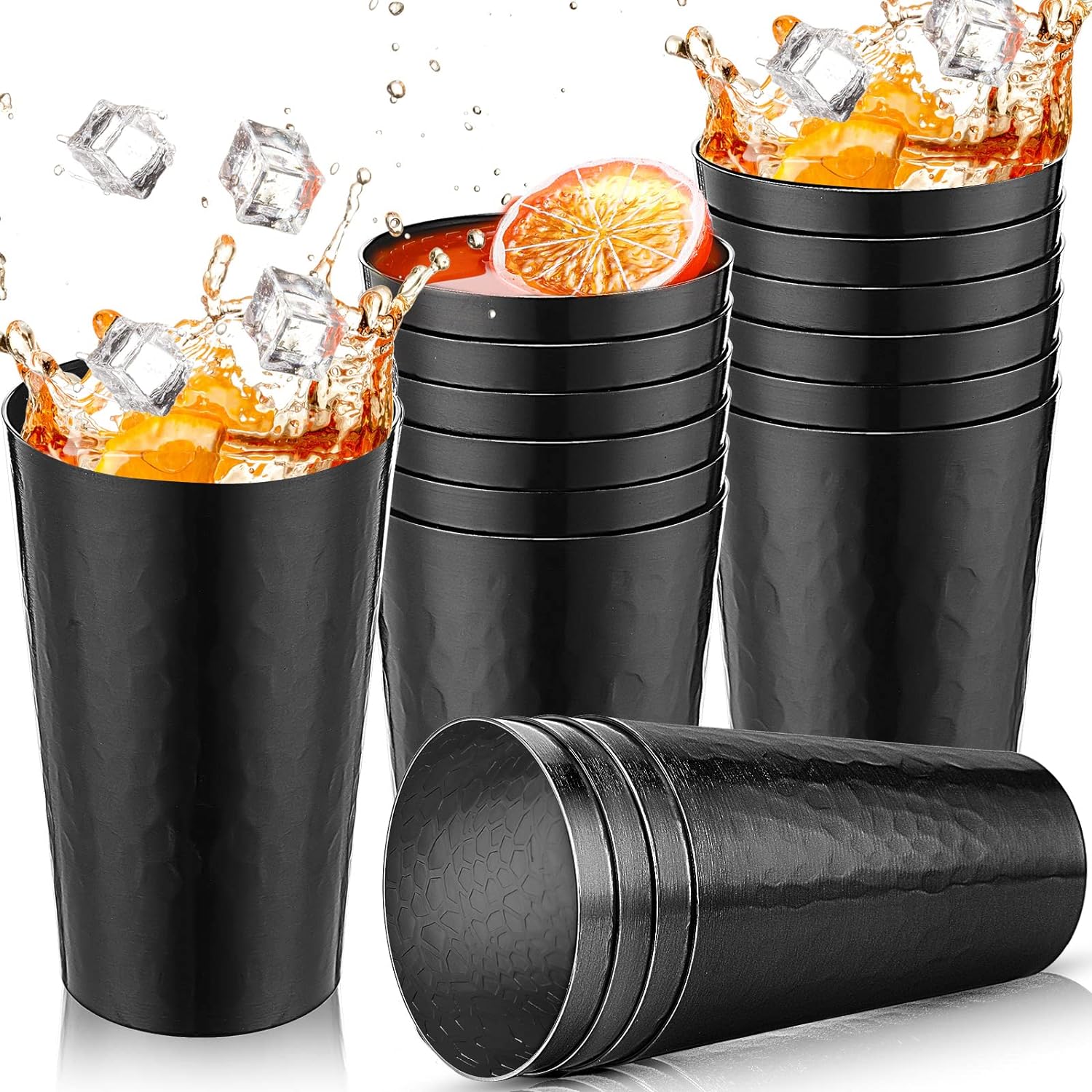 230527220516372_1 Set of 12 Metal Tumblers 15 oz Aluminum Cold Drink Cup Iced Coffee Cup Aluminum Cups Aluminum Tumblers, Aluminum Hammered Tumblers Beer Cups for Birthday Party Camping Travel Outdoors Supplies (Black) - Image 1